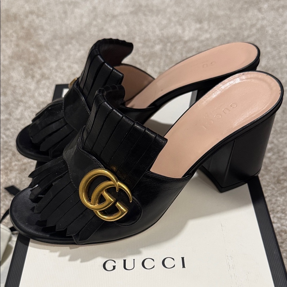 Gucci Black Leather GG Fringe Mules with Gold Accent 36.5/ US 6.5